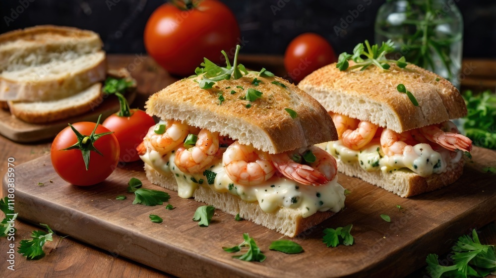 Vertical View of Hot Baked Shrimp and Cheese Sandwiches with Fresh Herbs on Rustic Wooden Board Vertical View of Hot Baked Shrimp and Cheese Sandwiches with Fresh Herbs on Rustic Wooden Board