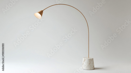 Modern arc floor lamp with marble base, isolated on white background. photo