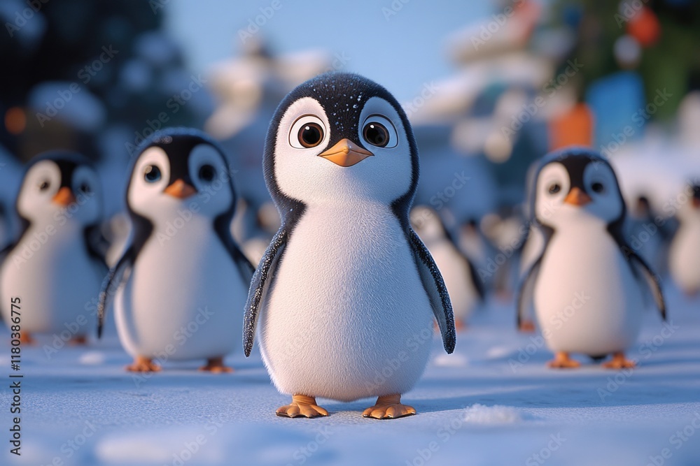 Naklejka premium A group of penguins standing together in snowy landscape