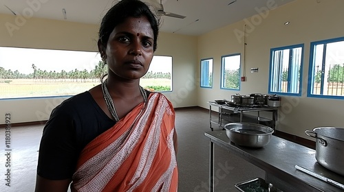 Woman in a kitchen, looking out at a farm. Possible use Social media post, blog post. photo