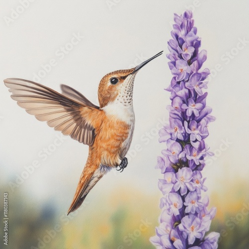 A hummingbird hovers above a purple flower, highlighting its unique features and the beauty of nature