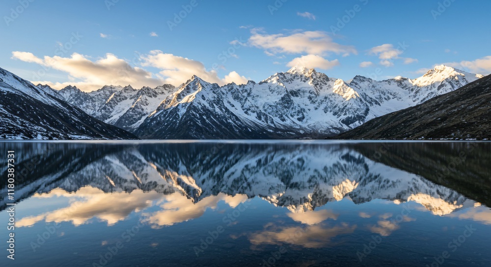 A serene mountain lake reflecting the surrounding snowy peaks under a clear blue sky A serene mountain lake reflecting the surrounding snowy peaks under a clear blue sky