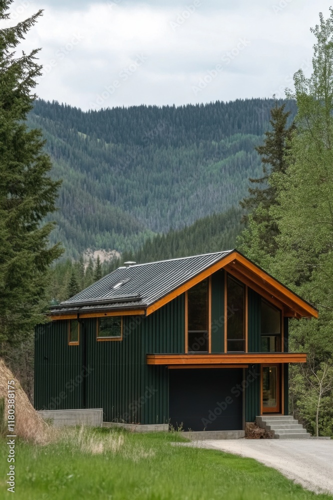 Contemporary green mountain house surrounded by trees and hills in a tranquil natural setting with overcast sky during early afternoon Contemporary green mountain house surrounded by trees and hills in a tranquil natural setting with overcast sky during early afternoon