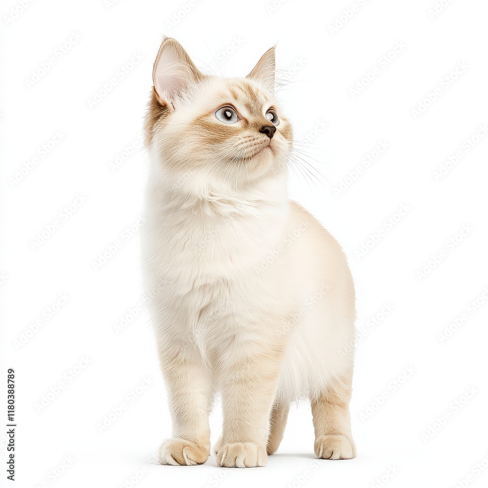 Obraz premium A fluffy, elegant Javanese cat gazes upwards, showcasing its striking features and playful demeanor.