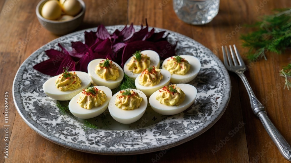 Overhead View of Festive Deviled Eggs with Beet Filling and Marinated Herring on Decorative Plate