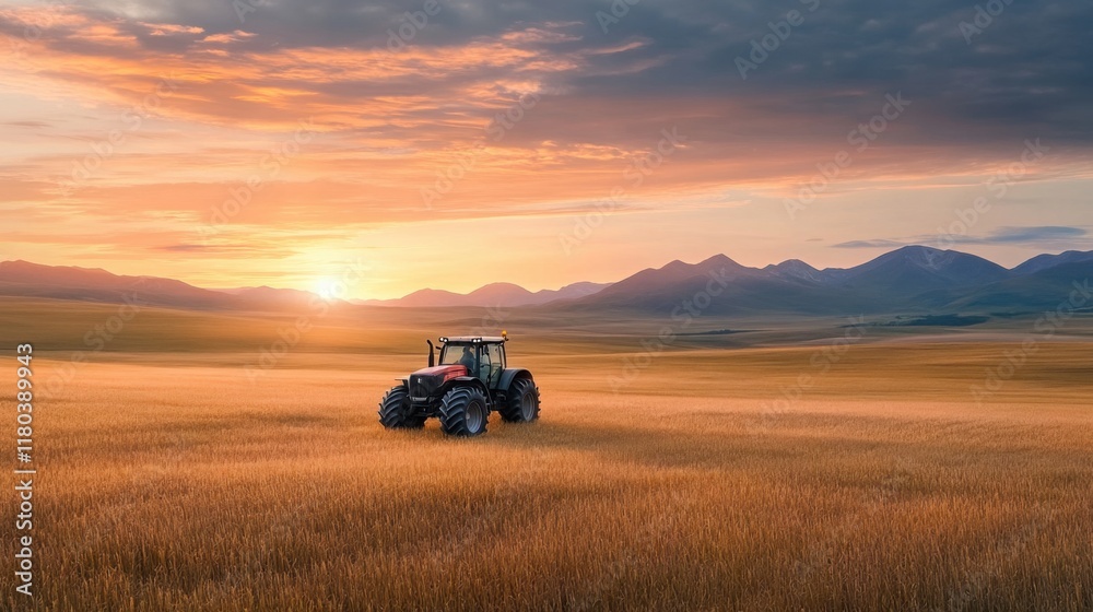 Fototapeta premium Bright Sunset Over Golden Wheat Field with Tractor in Scenic Rural Landscape