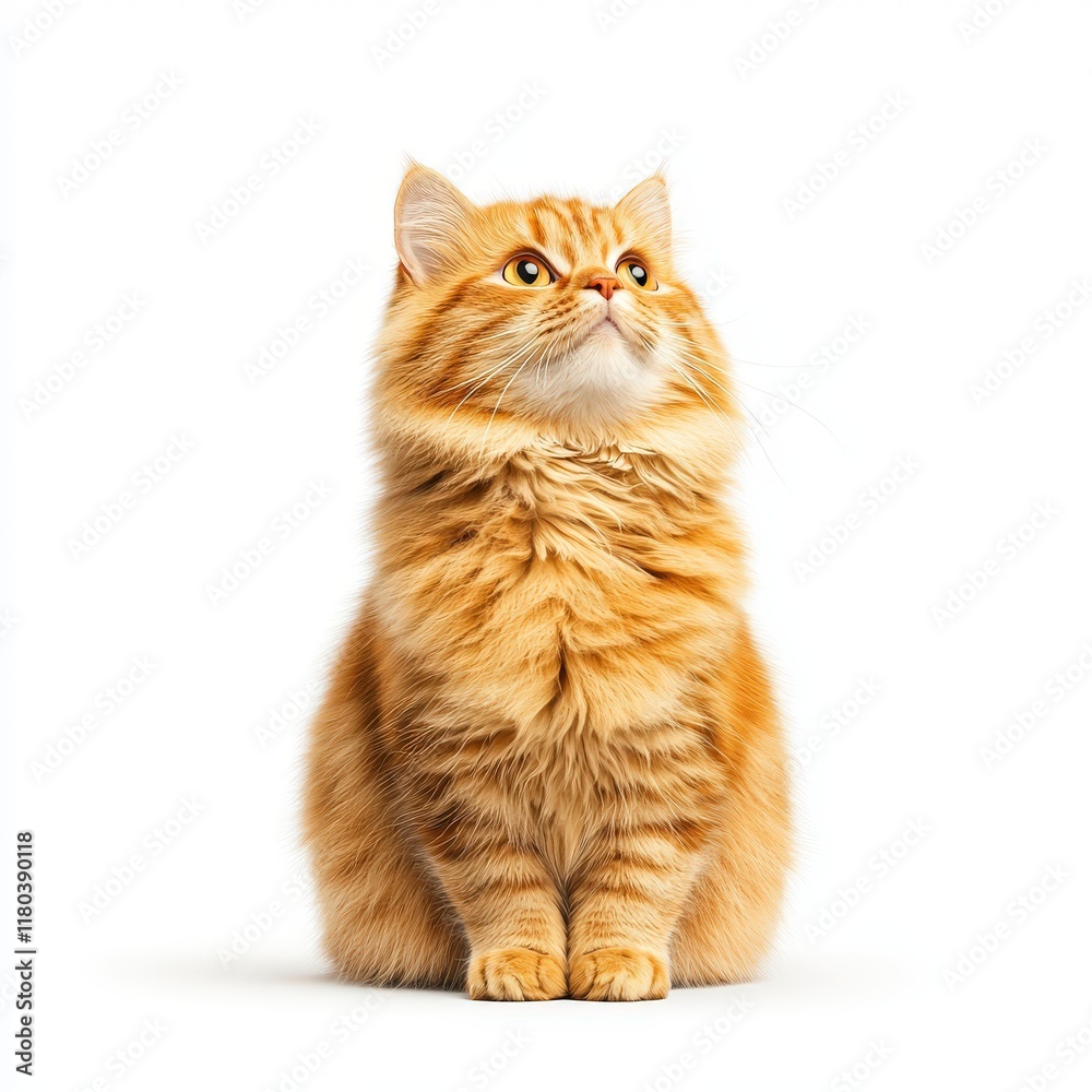 Obraz premium A fluffy orange Cymric cat gazes upwards, showcasing its curious and playful nature against a bright white background.