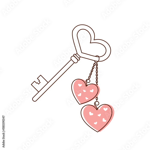 Keychain in the form of a key and hearts on a chain. This romantic vector illustration is perfect for Valentine's Day, love themes, and wedding designs. Isolated on a white background.