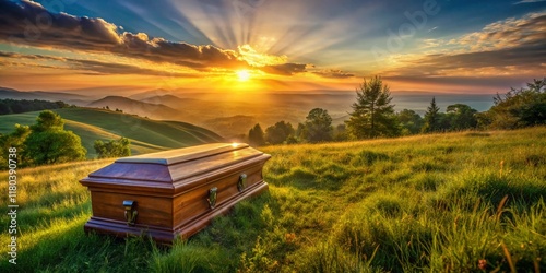 Panoramic View of a Closed Wooden Casket in a Peaceful Setting photo