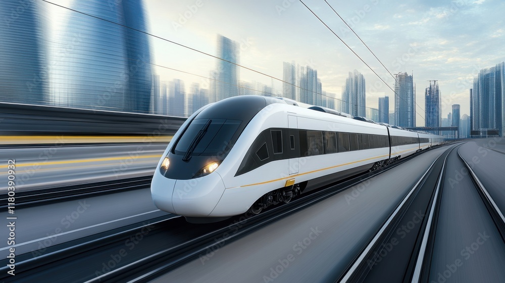 Fototapeta premium High-Speed Train Racing Through Urban Landscape with Modern Architecture in Motion