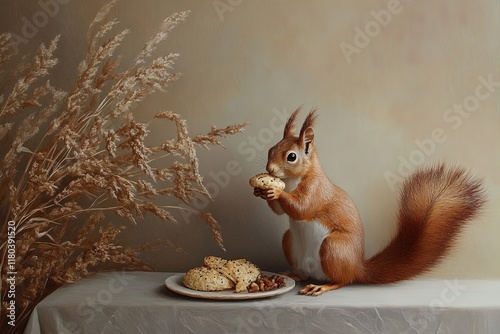 Squirrel enjoys a snack while sitting at a table next to a plate of cookies and nuts photo