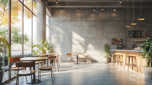 Sunny cafe interior, city view, concrete wall, wooden furniture, morning light