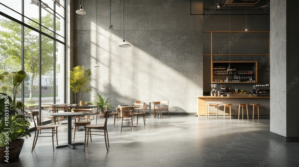 Sunlit cafe interior, city view, concrete walls, wooden furniture, coffee bar Sunlit cafe interior, city view, concrete walls, wooden furniture, coffee bar