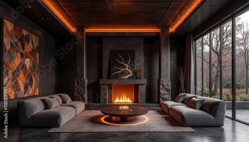 Modern art deco interior living room with a fireplace, two sofas, and a large window overlooking trees.