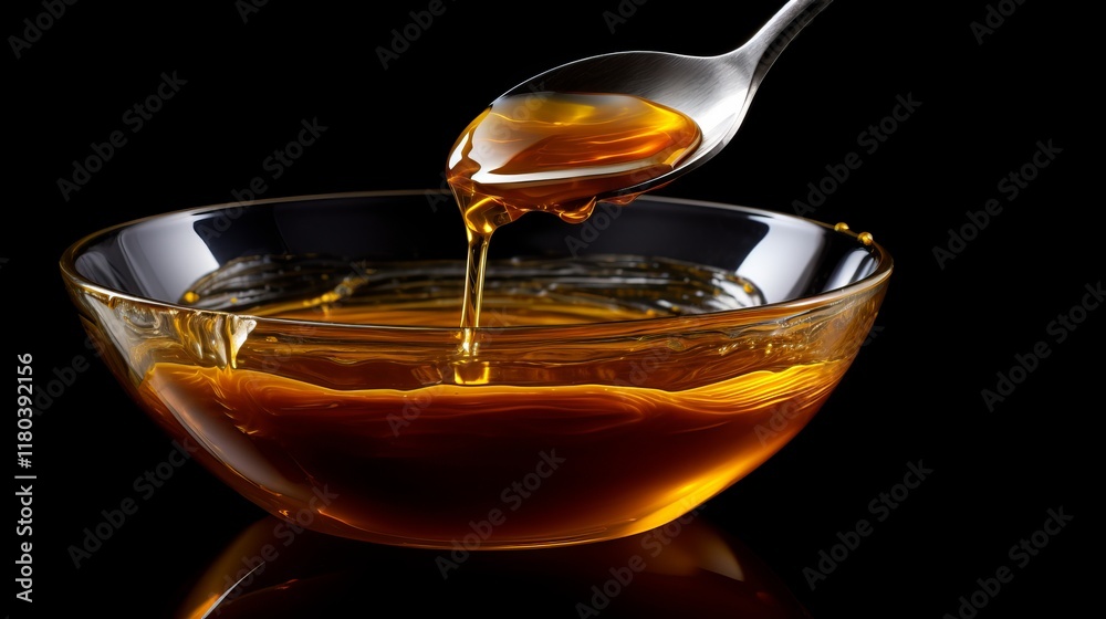Fototapeta premium Golden syrup glistens as it drips from a spoon into a glass bowl. Generative AI