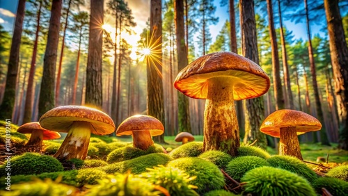 Panoramic View of Suillus Bovinus Mushrooms in Mossy Pine Forest photo