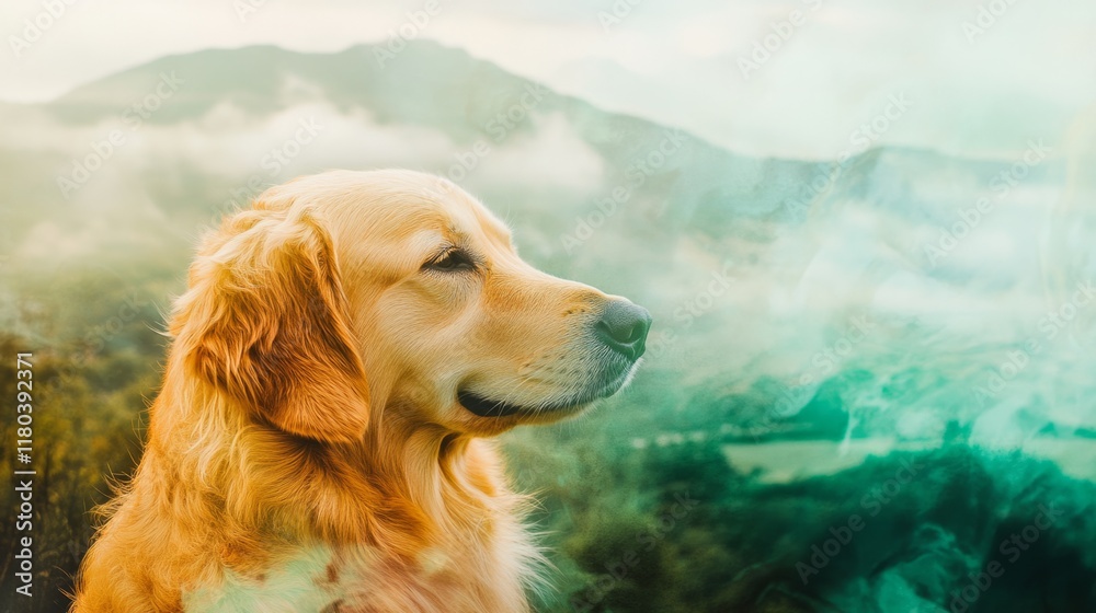 Obraz premium golden retriever and a lush green mountain range generative ai