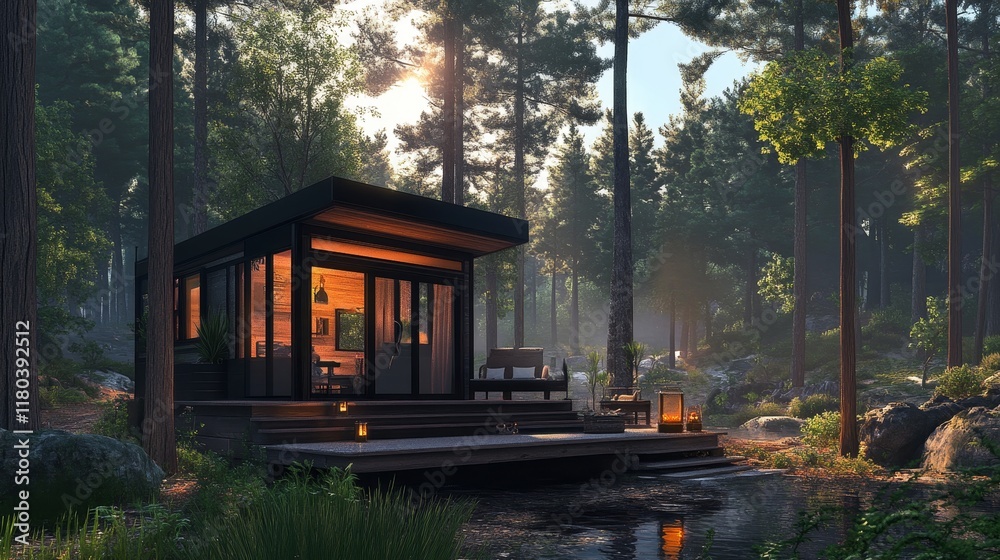 Fototapeta premium Small modern modular house in the forest.