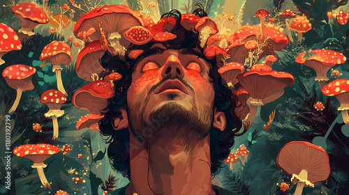 Drug addiction. addict. a man with fly agarics on his head, hallucinating while taking drugs. hallucinogens. the problem of drug addiction in society. Crystalpath. Illustration