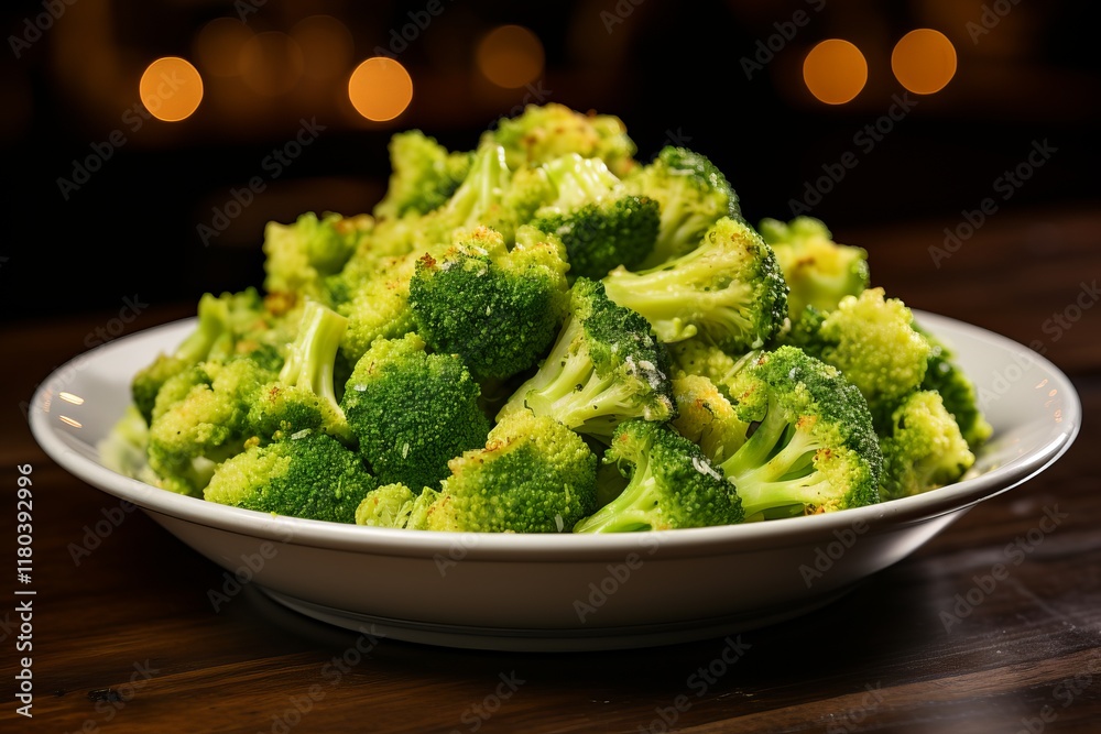 Vibrant green broccoli dish served on a rustic wooden table at dinner. Generative AI Vibrant green broccoli dish served on a rustic wooden table at dinner. Generative AI