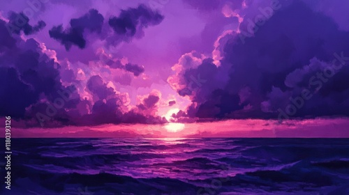 Purple ocean sunset, dramatic cloudscape, tranquil sea, digital art, background