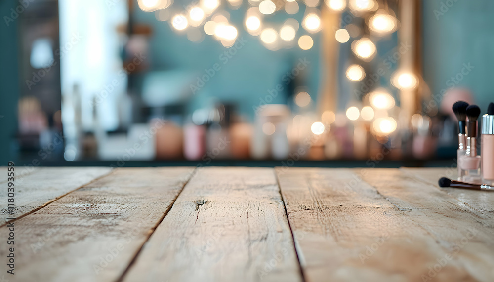 Empty wooden table against a blurred background of a stylish makeup room. AI Generated Empty wooden table against a blurred background of a stylish makeup room. AI Generated