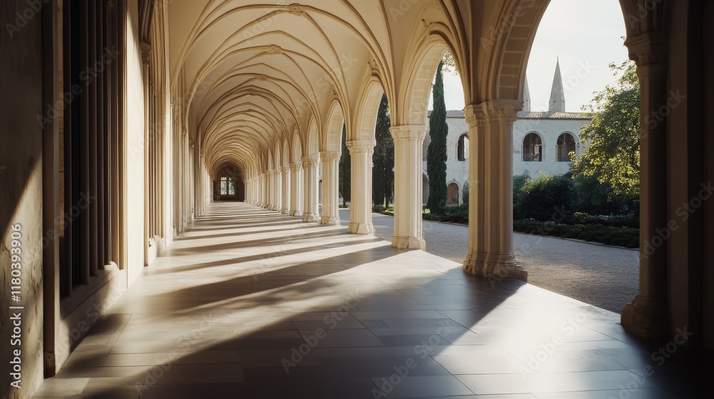 A cloistered walkway framed by arches and casting soft shadows, invites a tranquil promenade through historical elegance. A cloistered walkway framed by arches and casting soft shadows, invites a tranquil promenade through historical elegance.