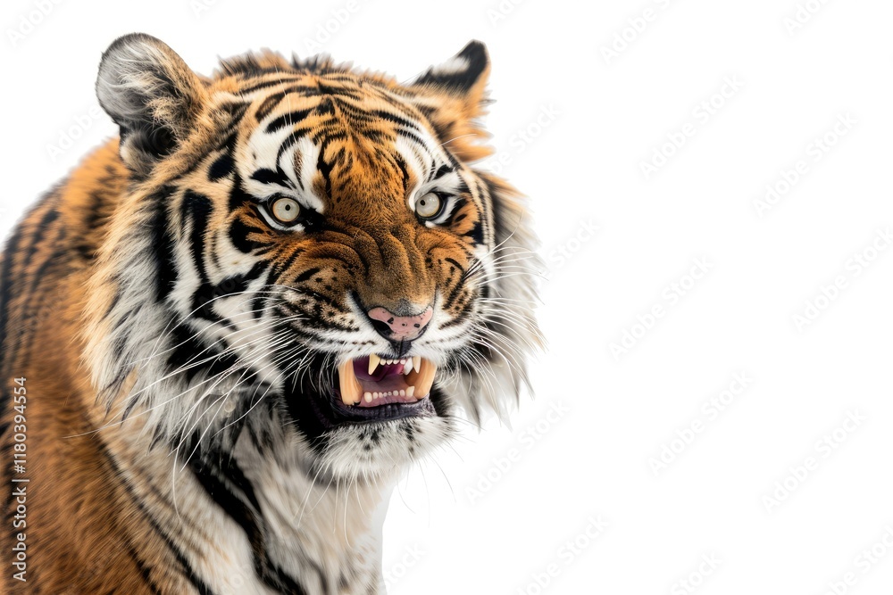 Fototapeta premium High Definition Image of Angry Tiger Showing Its Fangs on a White Background