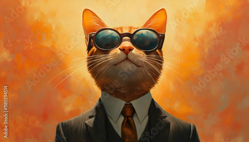 A cat wearing sunglasses and a suit with a tie