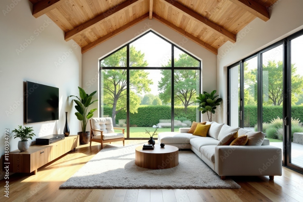 Spacious indoor living room with vaulted ceiling and floor-to-ceiling windows, large windows, interior design Spacious indoor living room with vaulted ceiling and floor-to-ceiling windows, large windows, interior design