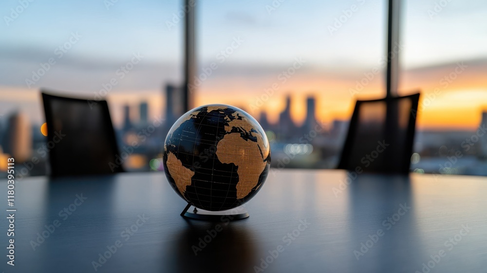A globe rests on a conference table, framed by an urban skyline at dusk, suggesting global business ambitions and strategy meetings. A globe rests on a conference table, framed by an urban skyline at dusk, suggesting global business ambitions and strategy meetings.