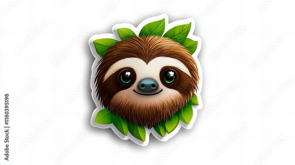 Obraz premium Adorable sloth illustration, surrounded by lush green leaves. Perfect for nature lovers!