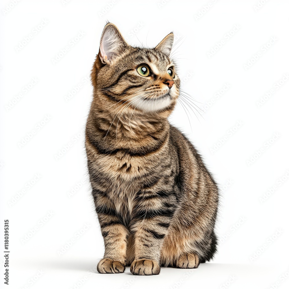 Obraz premium A striking tabby Highlander cat sits elegantly, showcasing its unique fur patterns and captivating gaze, perfect for pet lovers and cat enthusiasts.