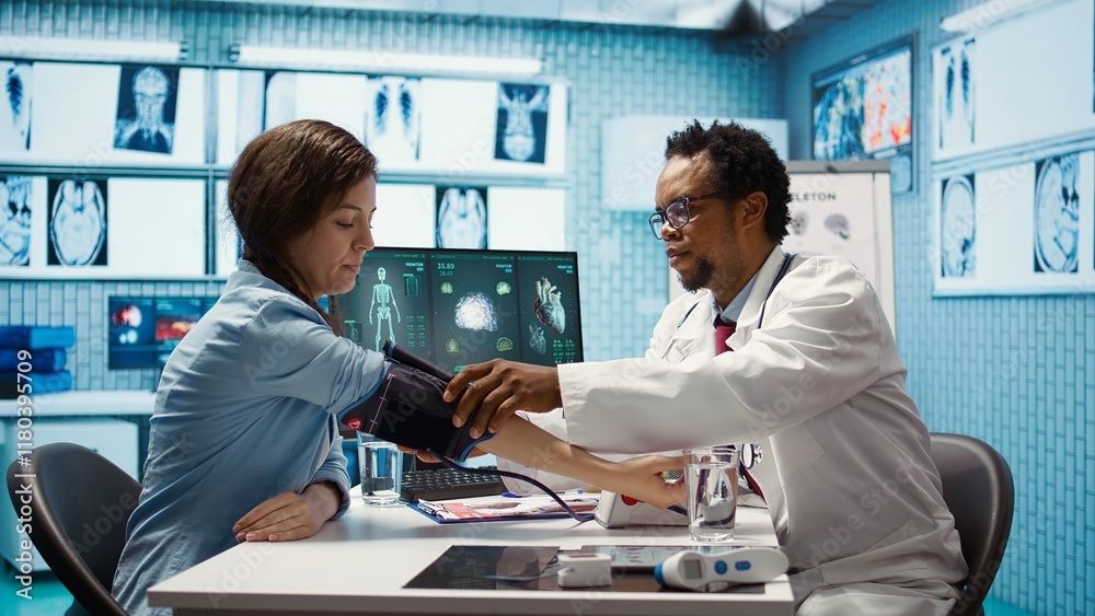 Fototapeta premium Medical expert taking the pulse and blood pressure with a blood pressure monitor during check up visit, healthcare industry. Physician using modern diagnostic tools for cardiology. Camera B.