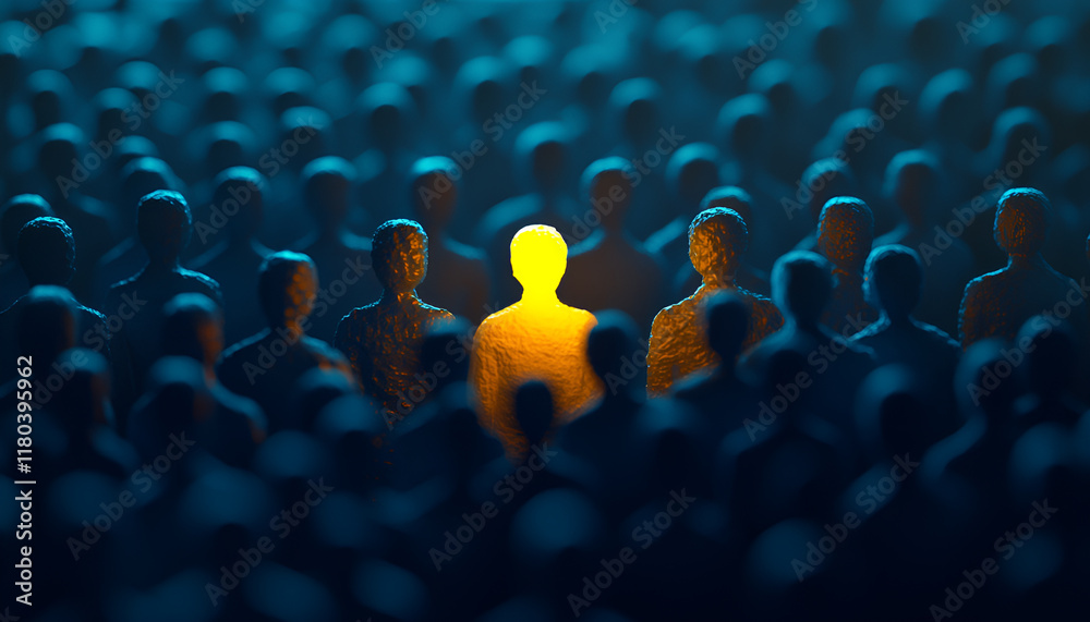 Obraz premium Unique yellow figure standing out in a crowd of blue figures