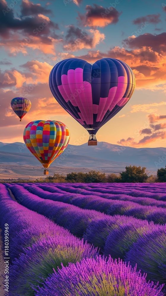 Fototapeta premium Vibrant hot air balloons in the shape of hearts floating over rolling lavender fields during Valentine’s sunrise