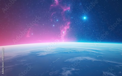 Fototapeta Naklejka Na Ścianę i Meble -  A view of a planet curvature from space, with a vivid starry sky and glowing nebula in pink and blue tones.