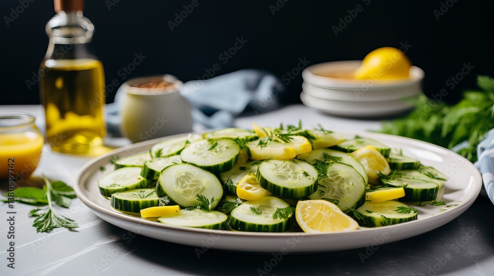Fresh cucumber salad with lemon and herbs served on a stylish plate. Generative AI Fresh cucumber salad with lemon and herbs served on a stylish plate. Generative AI