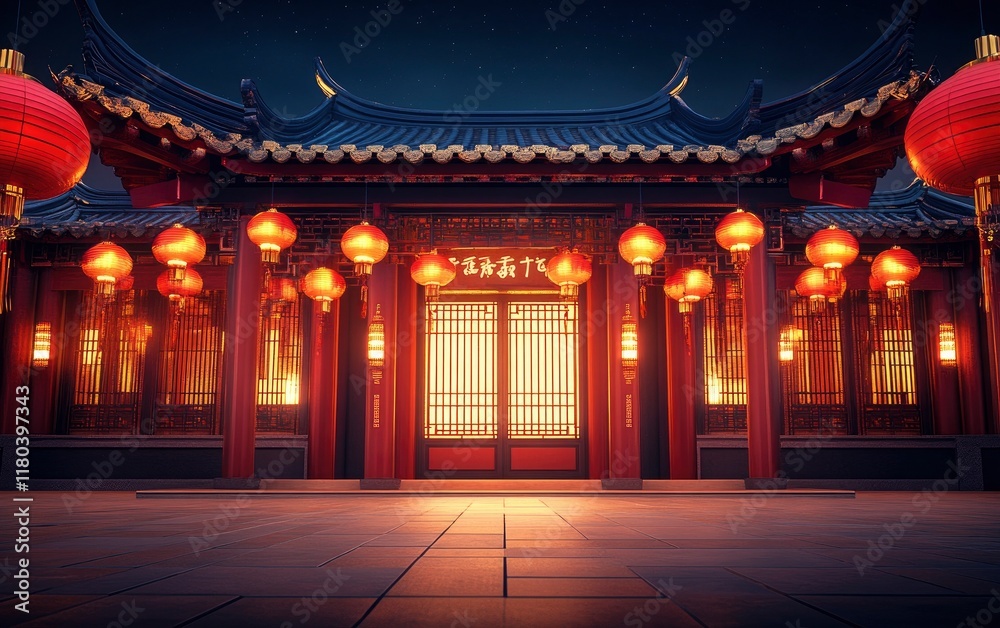 Obraz premium A Chinese-style architecture with red lanterns hanging on the eaves, a night sky background, a wide-angle lens, bright lights, a red color tone, traditional elements in the decoration, and a festive 