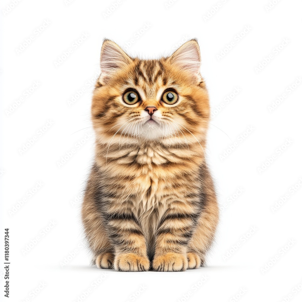 Adorable fluffy Cheetoh cat with striking green eyes sitting upright and looking curiously at the camera.