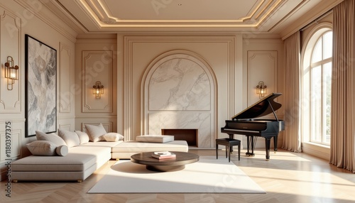 Luxurious art deco interior living room with a grand piano, plush seating, and a marble fireplace.