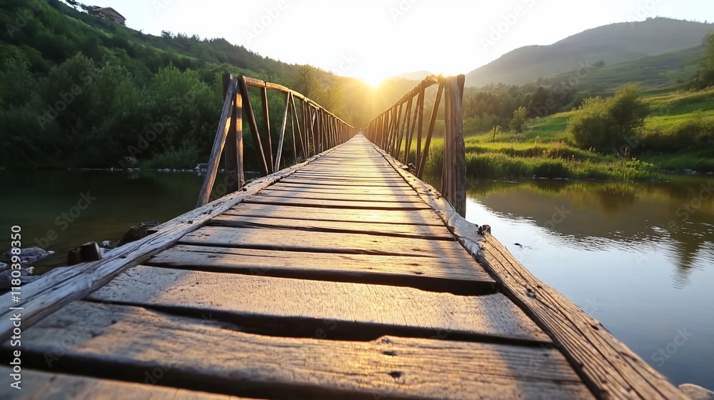 Naklejka premium Rustic bridge sunset valley path crossing
