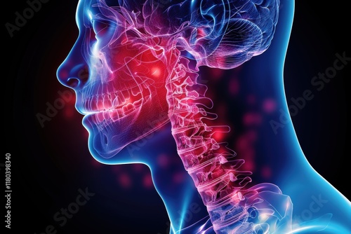 A detailed x-ray visualization of a human head and neck with highlighted areas, showcasing anatomy structures and skeletal systems in vibrant colors