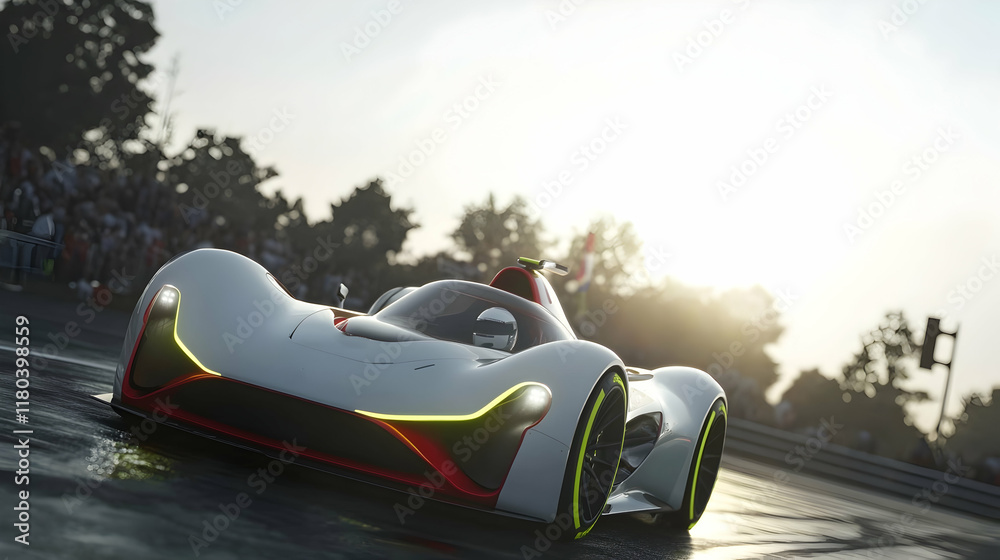 Obraz premium Racecar Victory Champion's sunset finish line, cheering crowd, trackside.