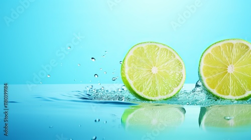 Slices of lime create refreshing splashes in a vibrant aqua setting. Generative AI