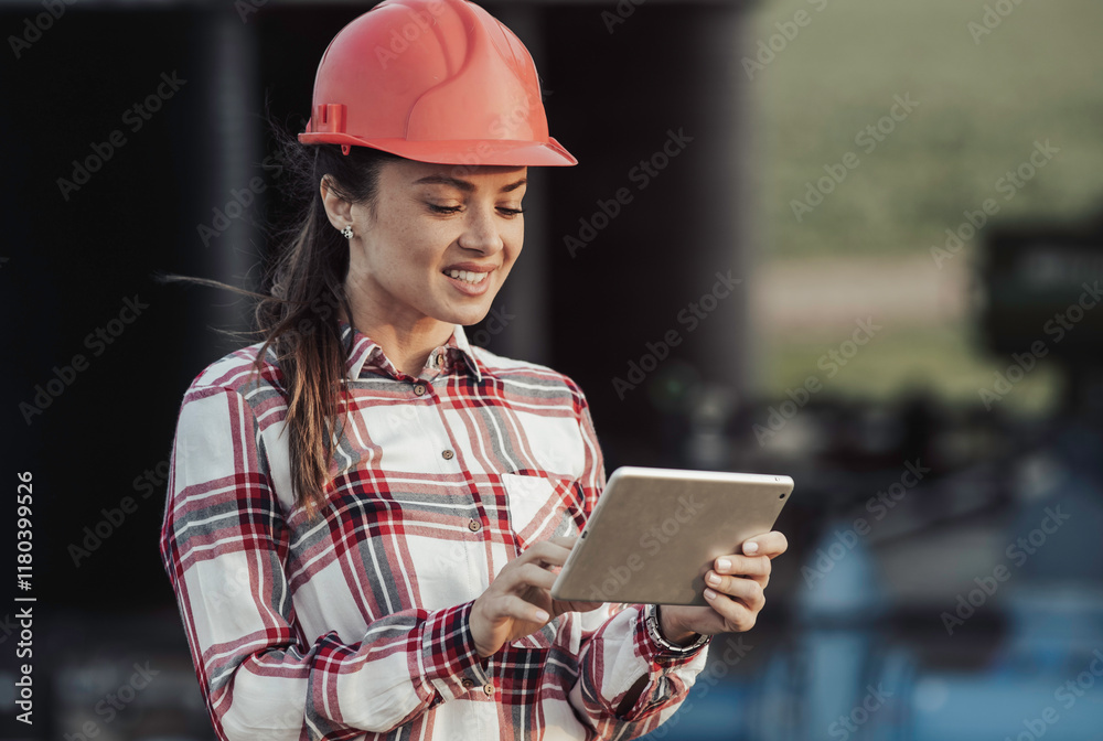 Female engineer using tablet in front of irrigation plant in agricultural field. Female engineer using tablet in front of irrigation plant in agricultural field.