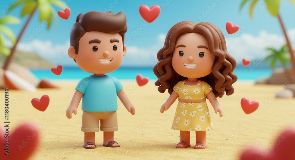 Cute couple on a tropical beach surrounded by hearts and palm trees in a romantic setting Cute couple on a tropical beach surrounded by hearts and palm trees in a romantic setting