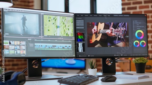 Empty video editing tools and a color wheel running on pc at desk, timeline editing, color grading and media creation for a video shoot. Post production software on dual monitors. photo