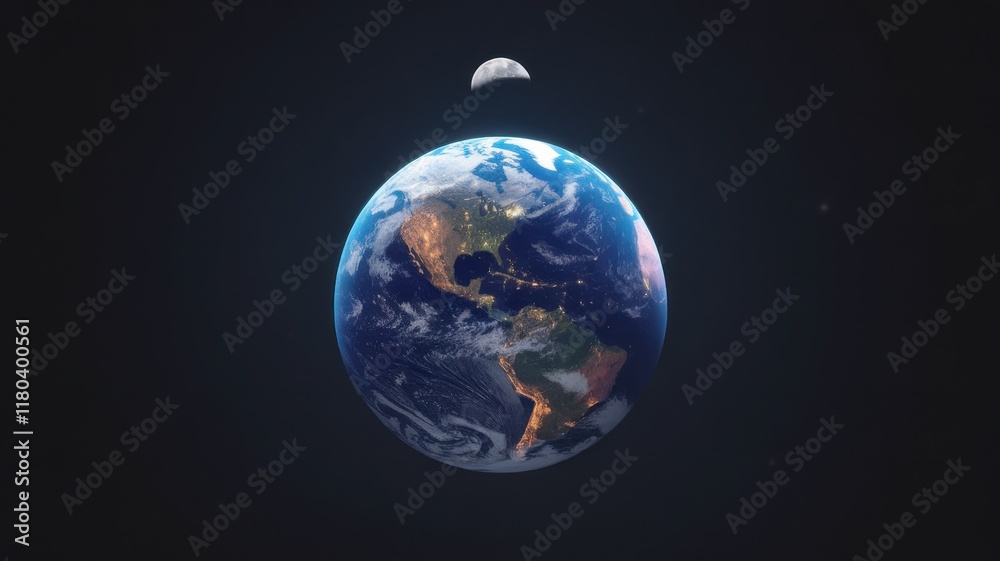Naklejka premium A stunning view of Earth with the Moon in the background, showcasing the blue oceans and landmasses under a dark cosmic backdrop.