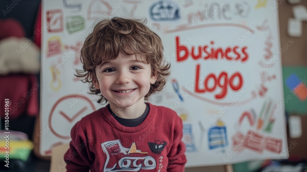 A cheerful child stands before a vibrant board filled with sketches, wearing a red shirt, exuding creativity and joy. A cheerful child stands before a vibrant board filled with sketches, wearing a red shirt, exuding creativity and joy.